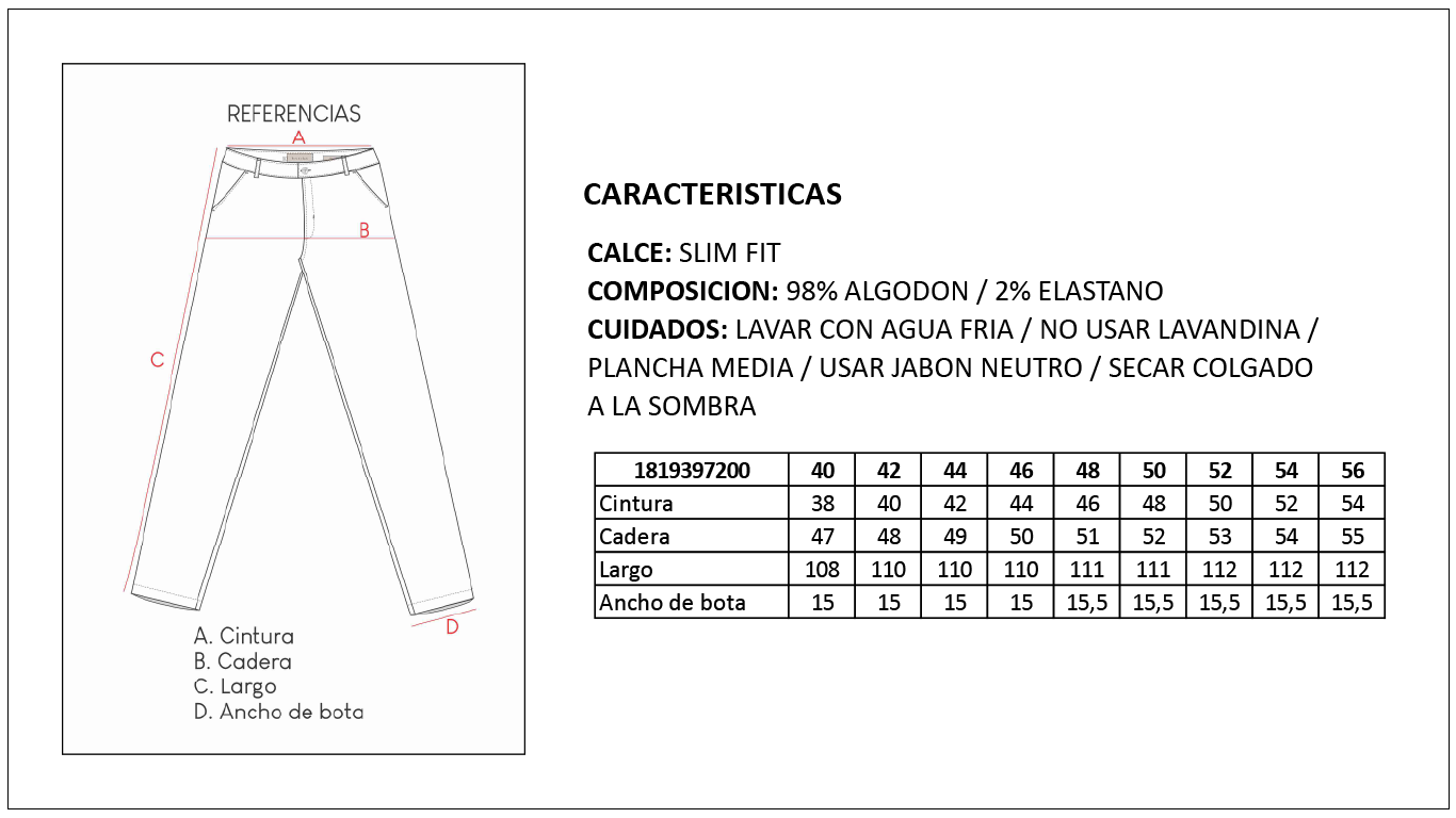 Tabla de Talles Pantalón Chino Slim Hombre Britches